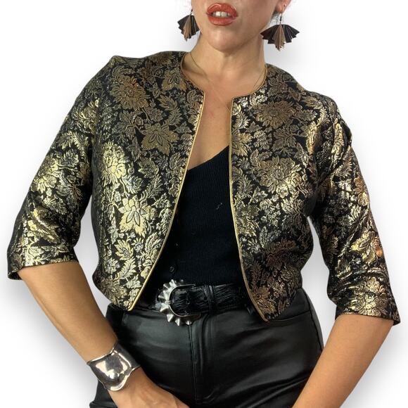 1950's MISS ELLIETTE of CALIFORNIA woven gold and black floral cropped jacket - Picture 11 of 14